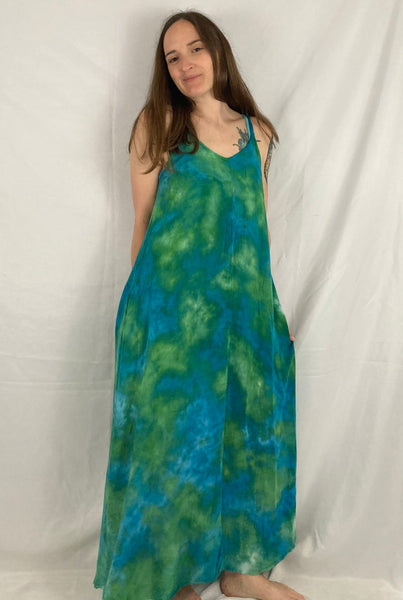 Women's Blue/Green Ice-Dyed Rayon Maxi Dress, L