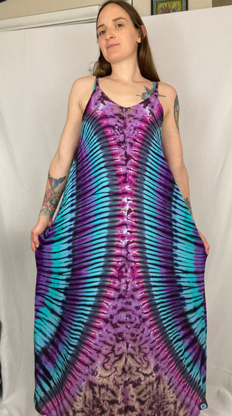 Women's Earthy Pink/Blue Tie-Dyed Rayon Maxi Dress, XS