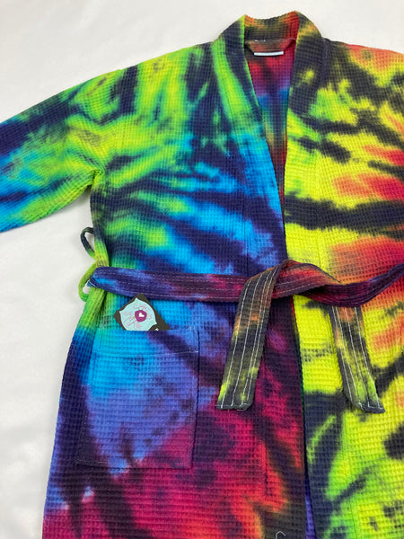 Adult Rainbow/Black Tie-Dyed Waffle Short Robe, Lg