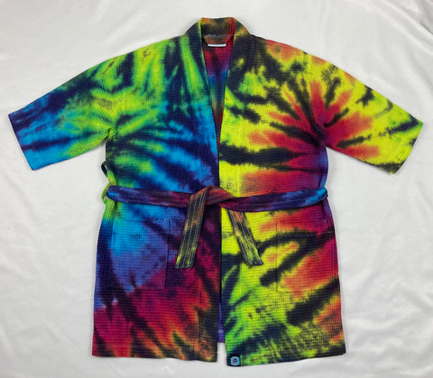 Adult Rainbow/Black Tie-Dyed Waffle Short Robe, Lg