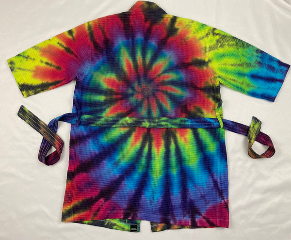 Adult Rainbow/Black Tie-Dyed Waffle Short Robe, Lg