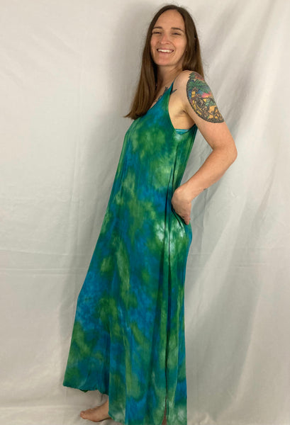 Women's Blue/Green Ice-Dyed Rayon Maxi Dress, L