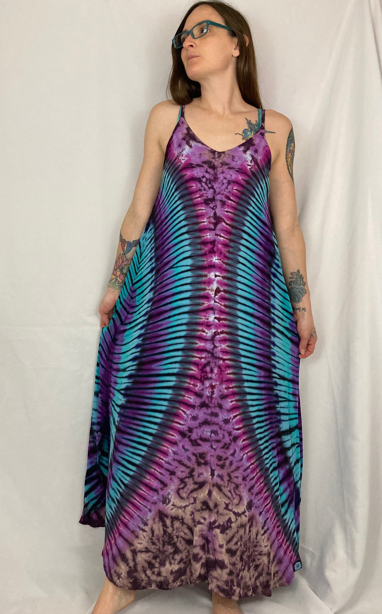 Women's Earthy Pink/Blue Tie-Dyed Rayon Maxi Dress, XS