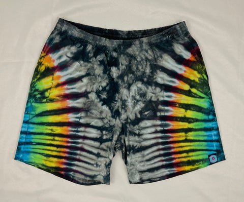 Men’s/Unisex Gray/Rainbow Black Tie-Dyed Shorts, L (34)