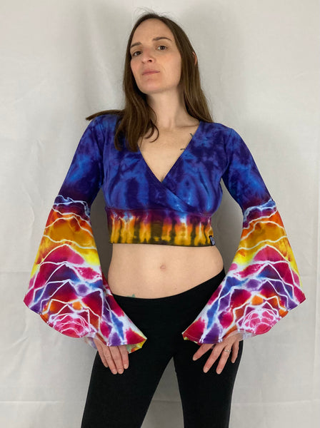 Women’s Purple Bright Mandala Tie-Dyed Bell Sleeve Crop Top, M