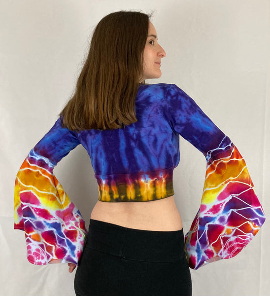 Women’s Purple Bright Mandala Tie-Dyed Bell Sleeve Crop Top, M