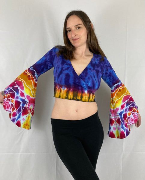 Women’s Purple Bright Mandala Tie-Dyed Bell Sleeve Crop Top, M