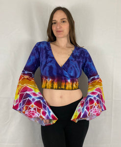 Women’s Purple Bright Mandala Tie-Dyed Bell Sleeve Crop Top, M