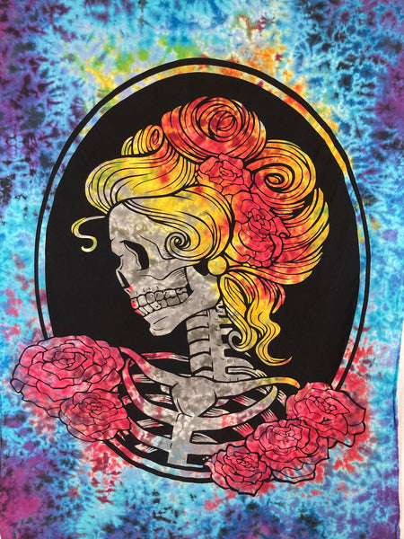 52" x 80" Skull & Roses Tie-dyed Tapestry/Wall Hanging