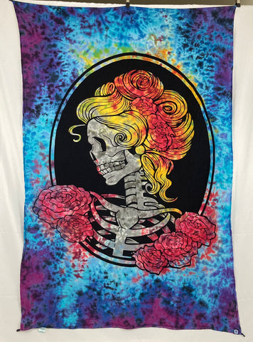 52" x 80" Skull & Roses Tie-dyed Tapestry/Wall Hanging