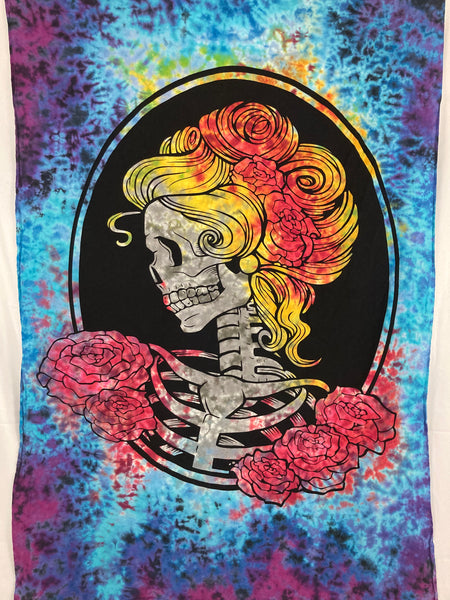 52" x 80" Skull & Roses Tie-dyed Tapestry/Wall Hanging