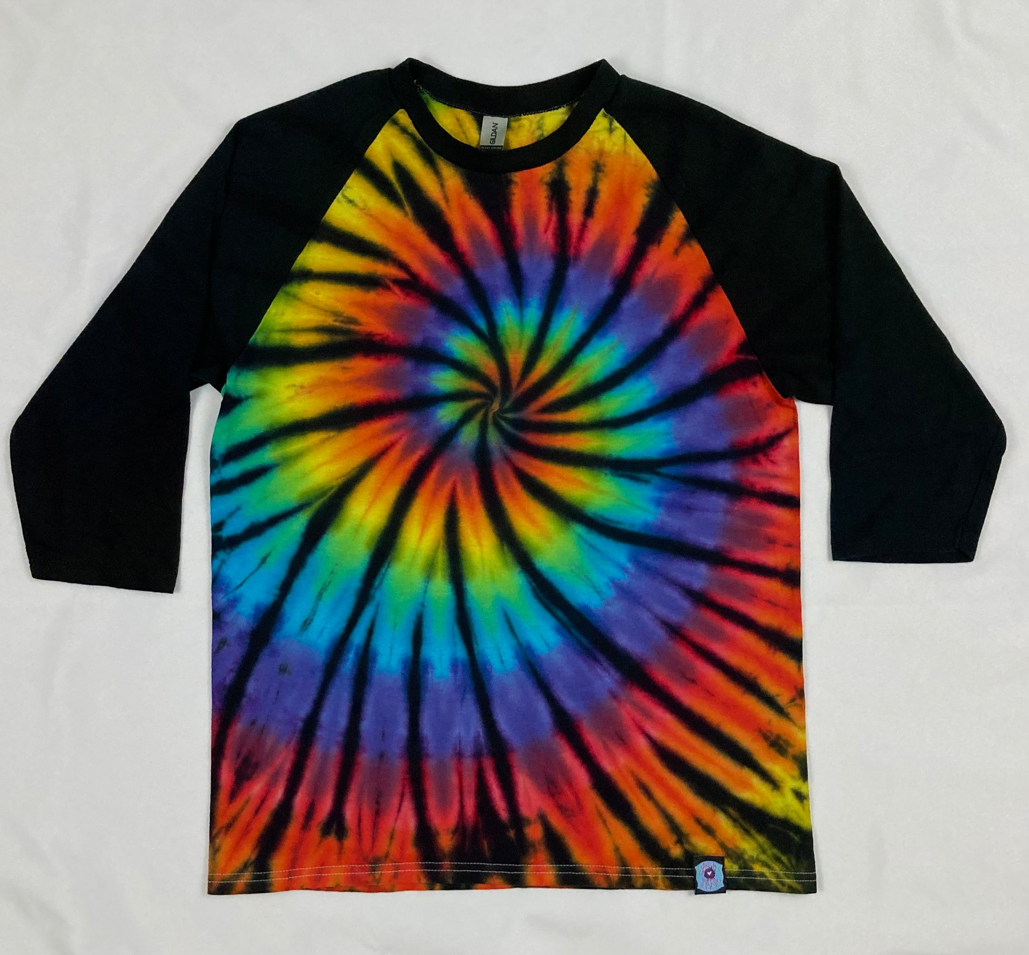 Adult Rainbow/Black Spiral Tie-Dyed Baseball 3/4 Tee, M