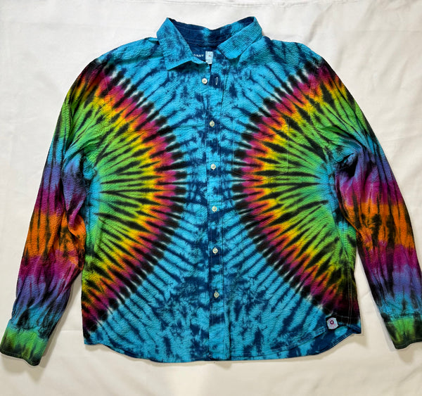 Adult Blue/Rainbow/Black Tie-dyed Longsleeve Seersucker Shirt, XL