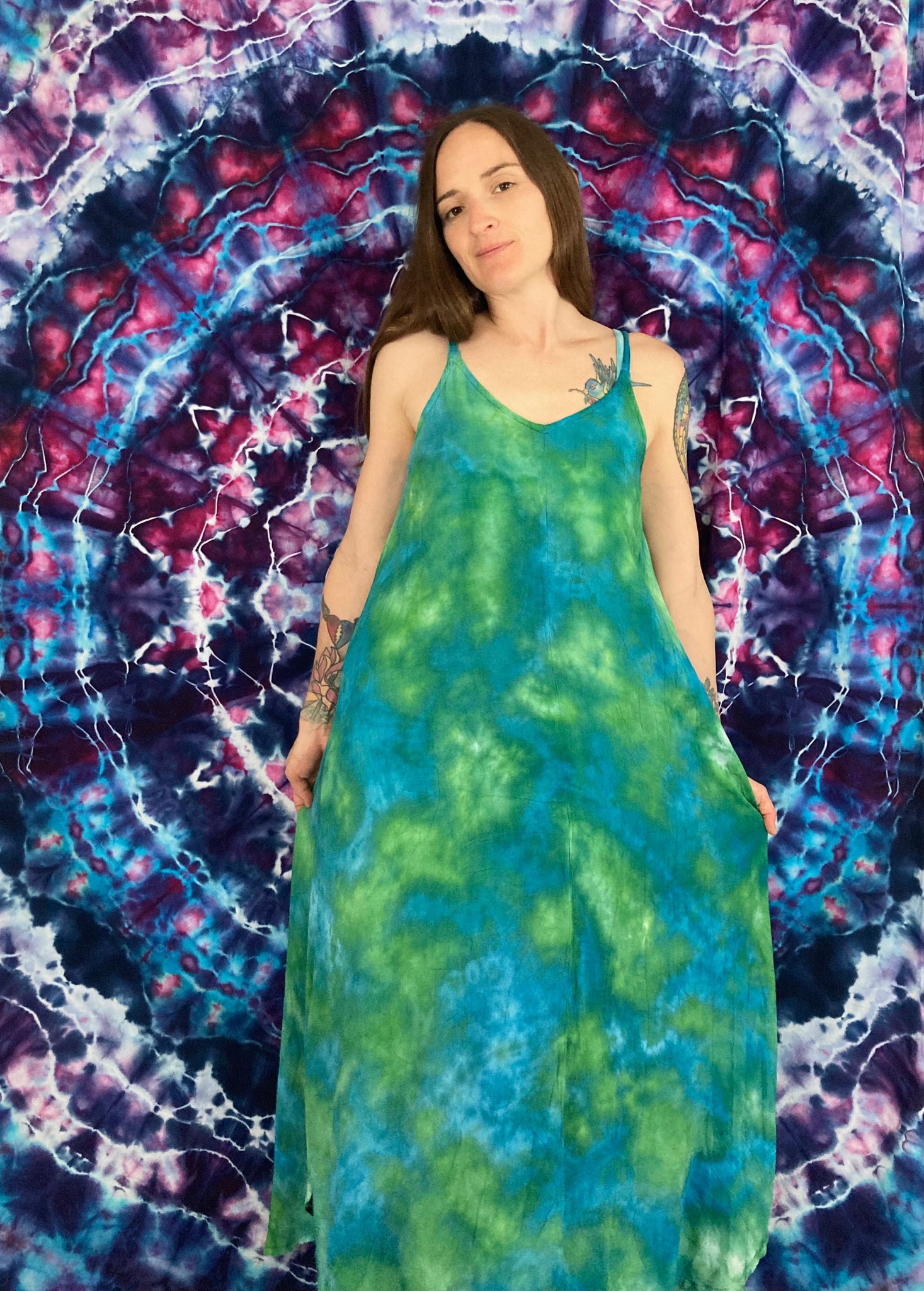 Women's Blue/Green Ice-Dyed Rayon Maxi Dress, L