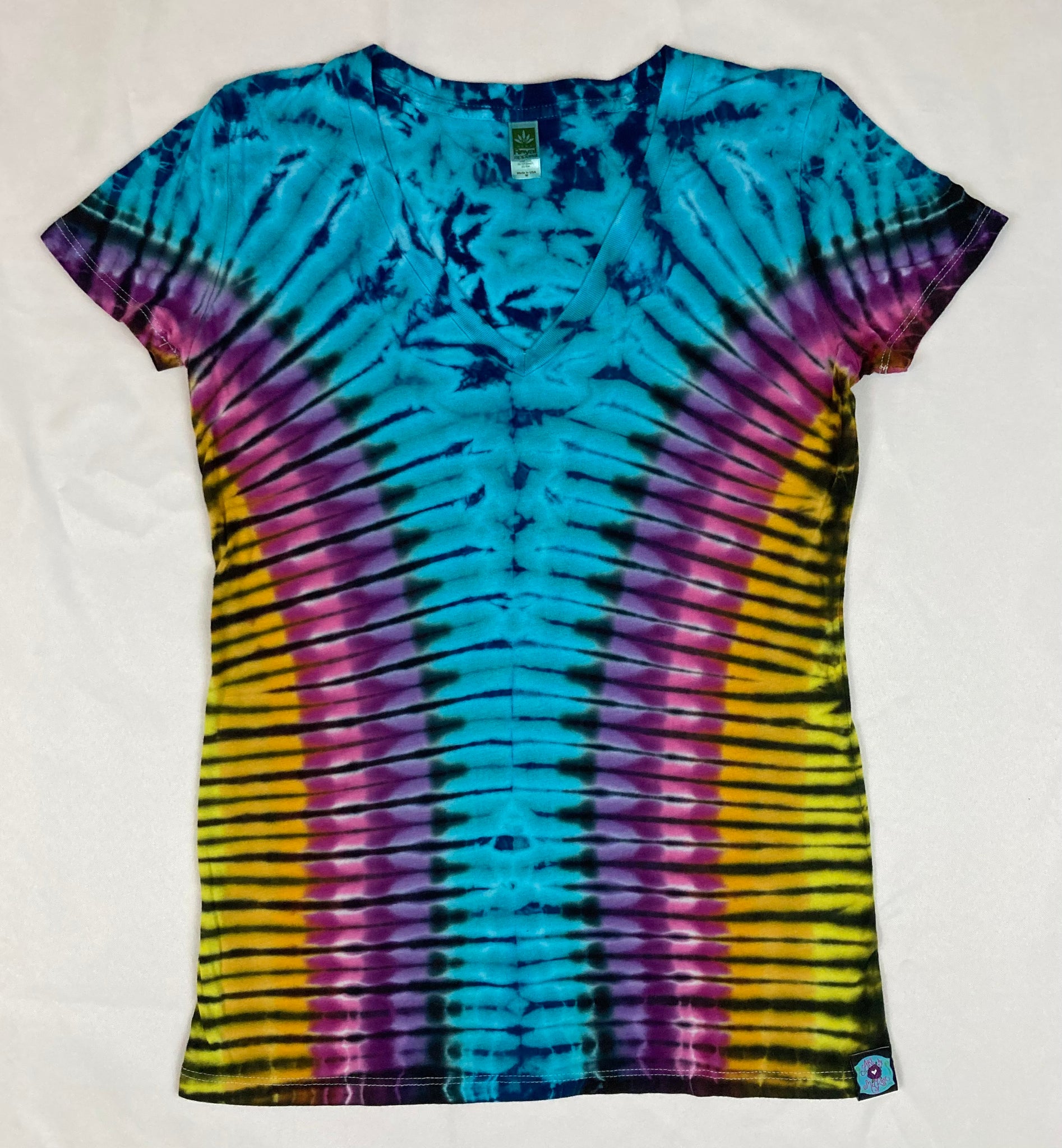 Ladies Aqua/Multi Color Tie-dyed Deep V-Neck Tee, M