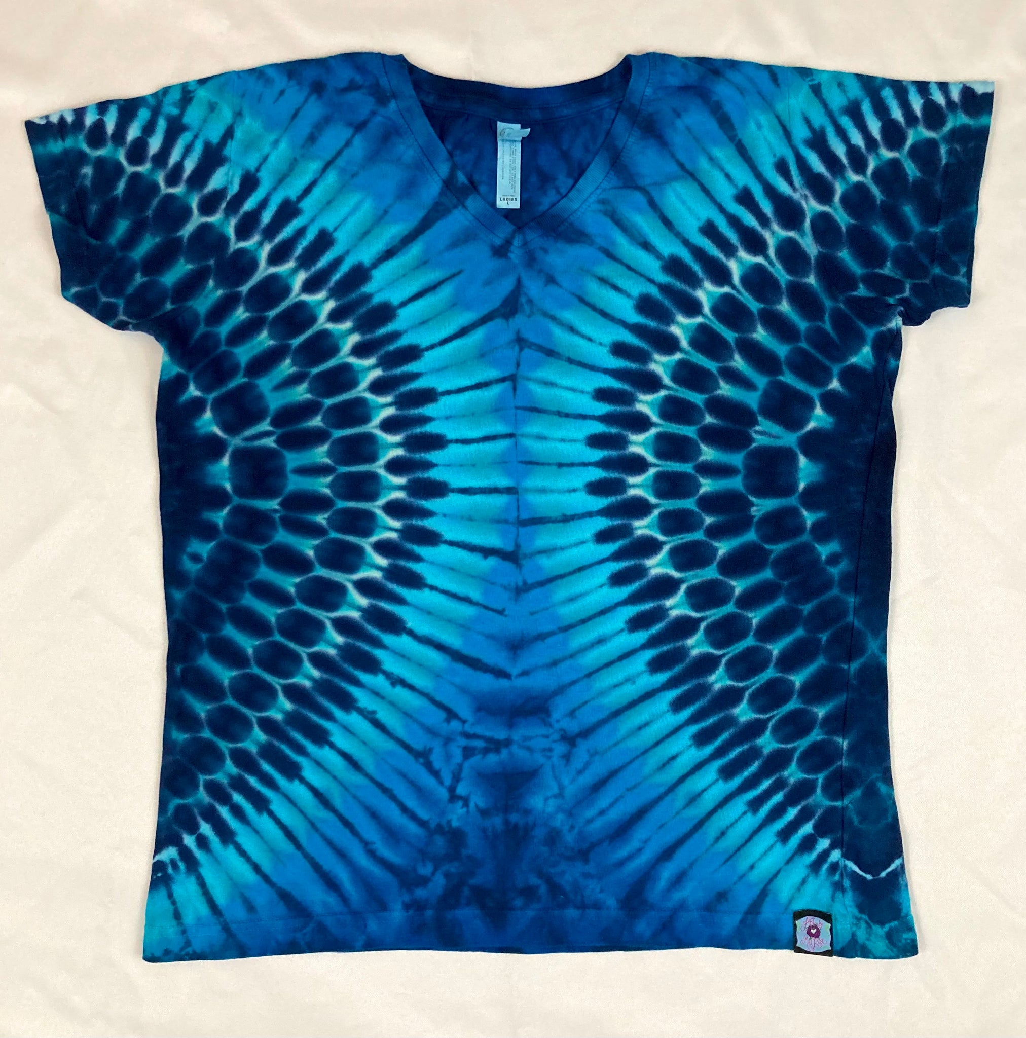 Ladies Blue Tie-dyed V-Neck Tee, L