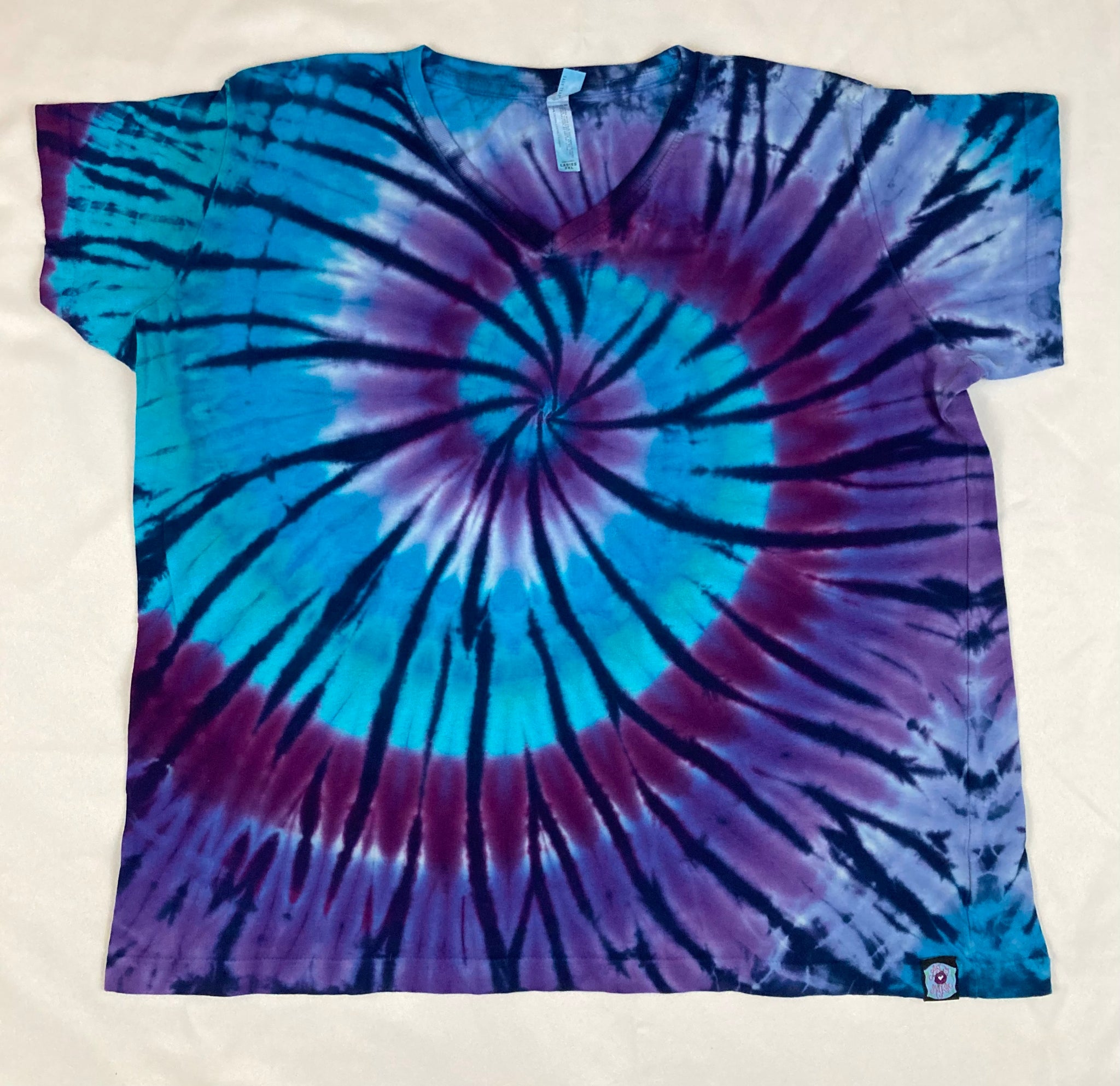 Ladies Blue/Purple Spiral Tie-dyed V-Neck Tee, 2XL
