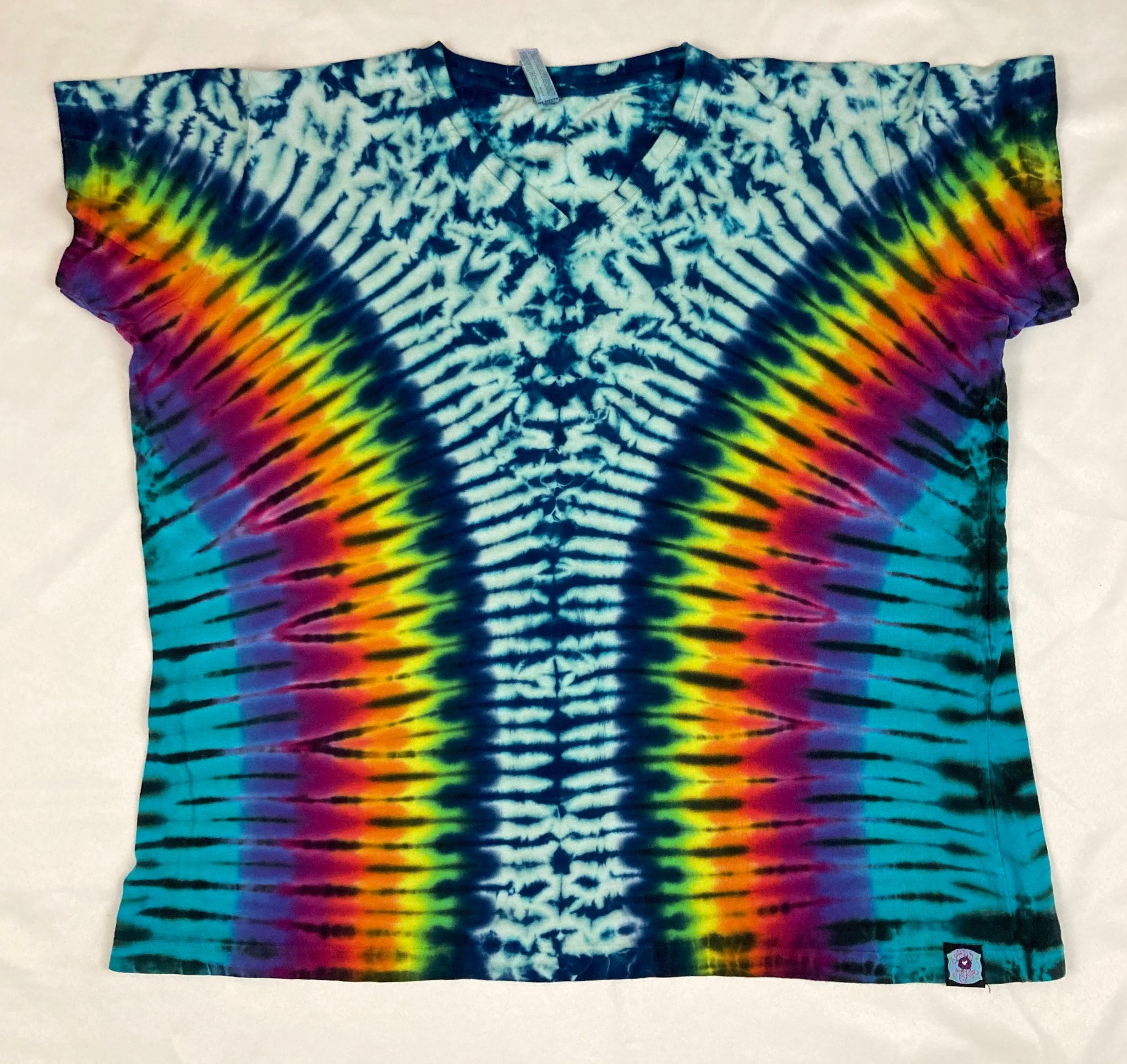 Ladies Seafoam/Rainbow Tie-dyed V-Neck Tee, 2XL