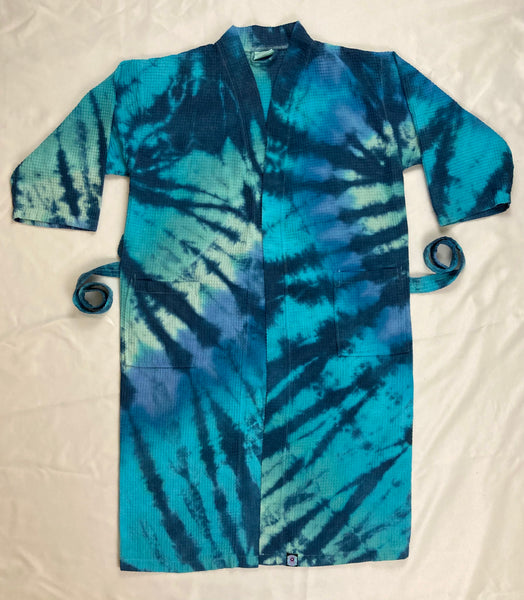 Adult Light Blue Spiral Tie-Dyed Waffle Long Robe, L/XL