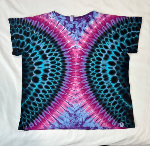Ladies Pink/Blue/Black Tie-dyed V-Neck Tee, 2XL