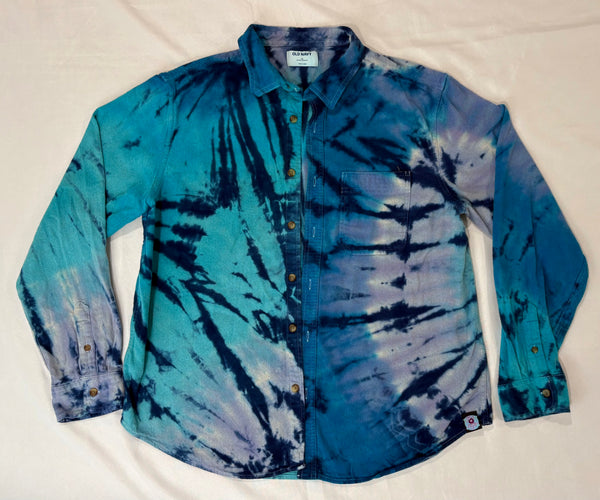 Adult Blue Spiral Tie-dyed Longsleeve Flannel Shirt, XL