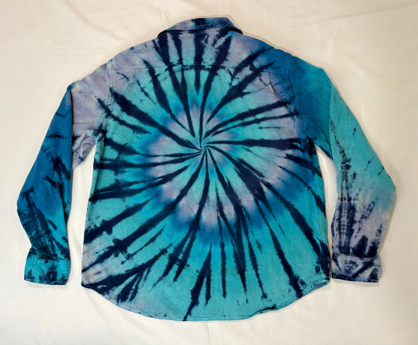 Adult Blue Spiral Tie-dyed Longsleeve Flannel Shirt, XL