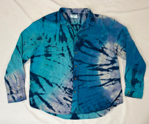 Adult Blue Spiral Tie-dyed Longsleeve Flannel Shirt, XXXL