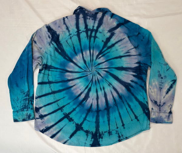 Adult Blue Spiral Tie-dyed Longsleeve Flannel Shirt, XXXL