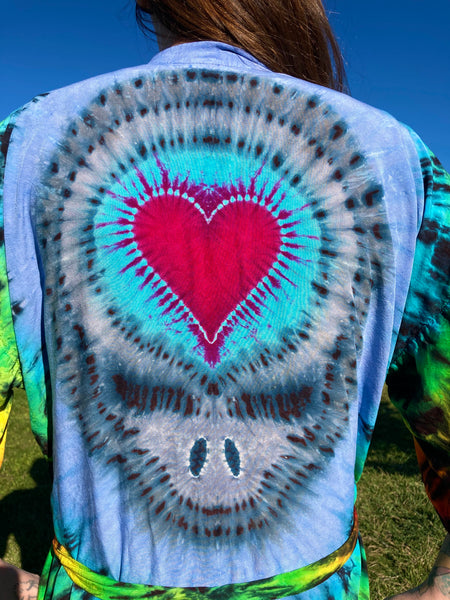 Adult Rainbow Heart Stealie Tie-Dyed Rayon Short Robe, O/S