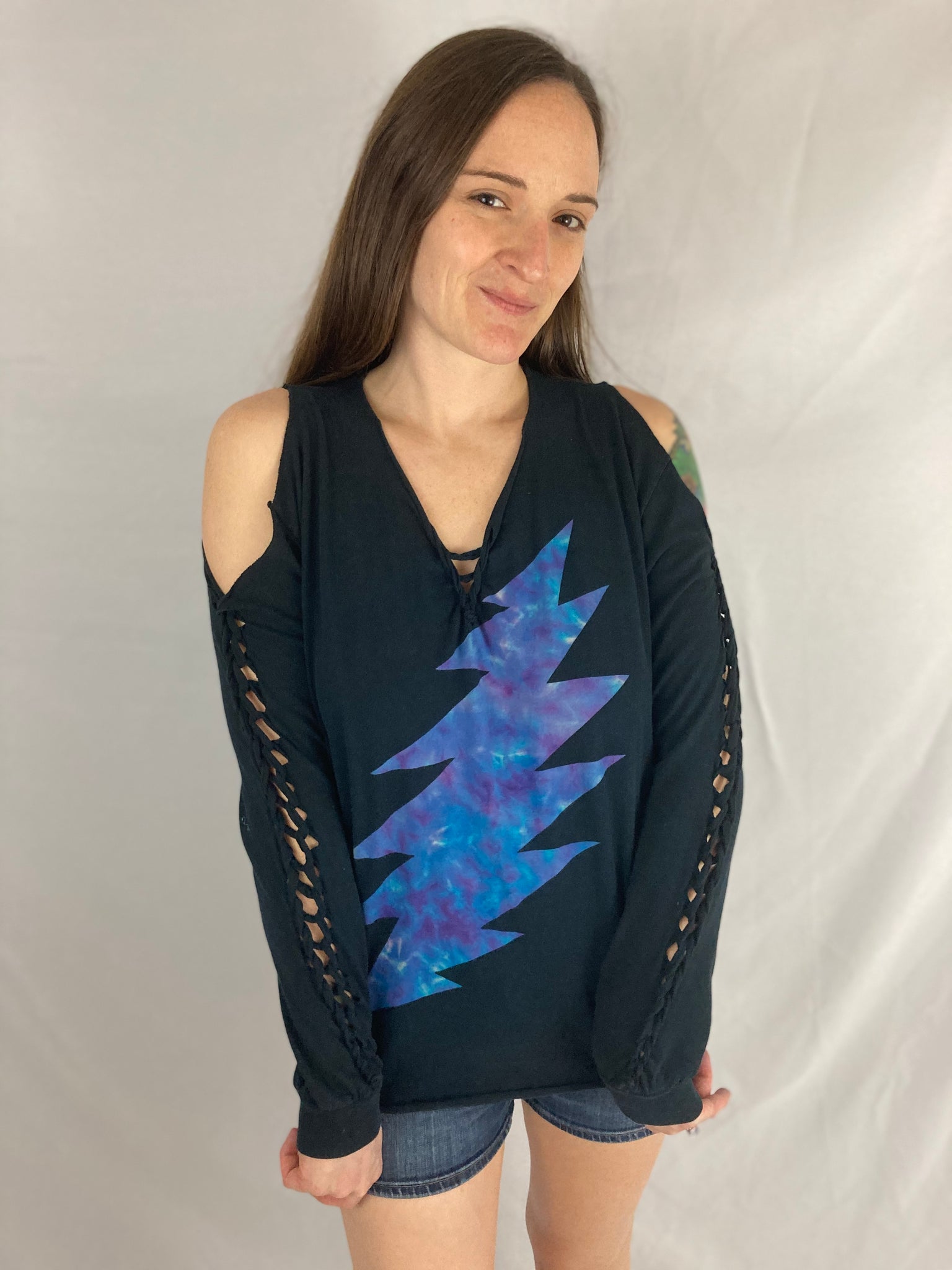 Ladies Black/Blue Bolt Long Sleeve Snipped Tee, M/L