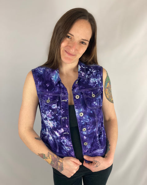 Women’s Purple Tie-dye Jean Vest w/ Chrochet, M