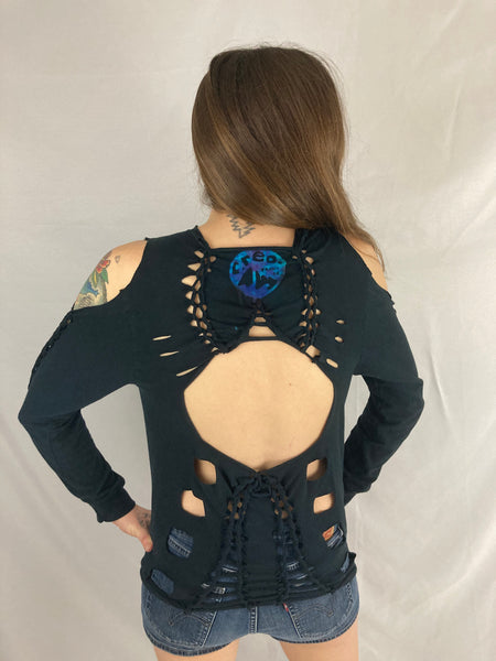 Ladies Black/Blue Bolt Long Sleeve Snipped Tee, M/L