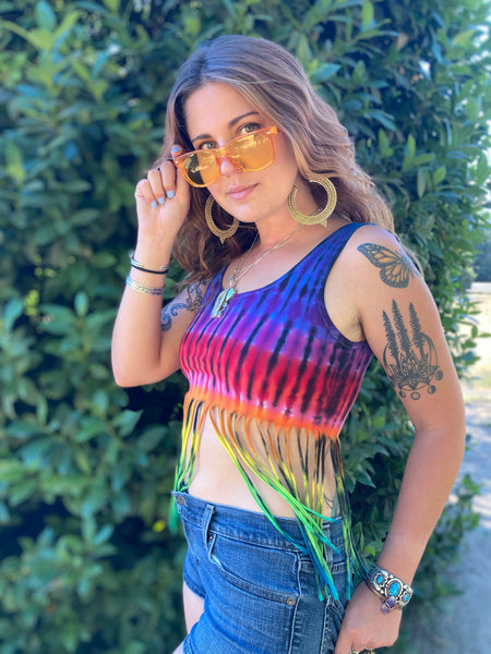 Women’s Rainbow Tie-Dyed Fringe Crop Tank, M/L