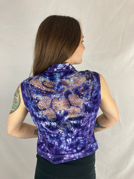 Women’s Purple Tie-dye Jean Vest w/ Chrochet, M