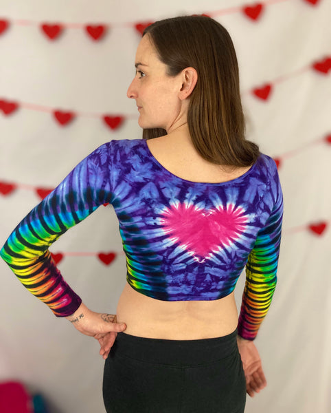 Women's Heart/Rainbow Tie-Dyed Long Sleeve Crop Top, M & L