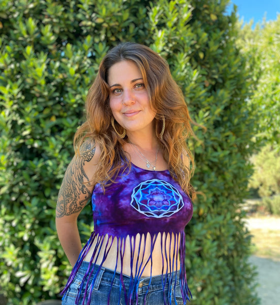 Women’s Purple Mandala Ice-Dyed Fringe Crop Tank, S/M