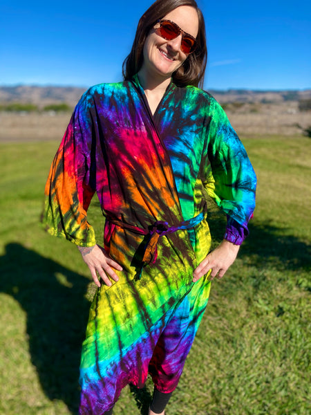 Adult Rainbow/Black Spiral Tie-Dyed Rayon Robe, PLUS size