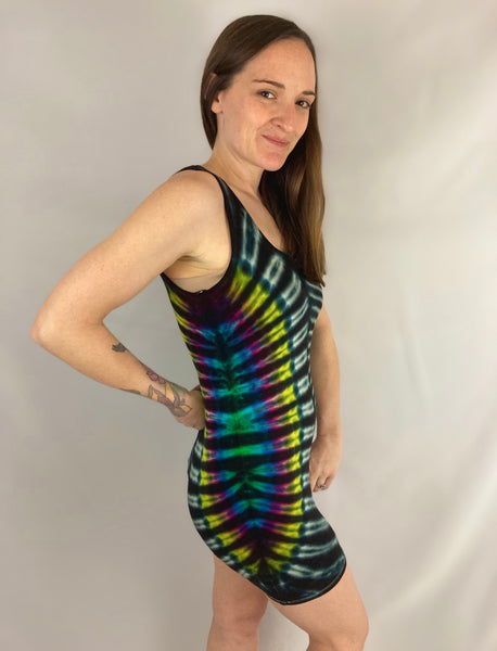 Women's Dark Rainbow Tie-Dyed Rayon Mini Dress, M