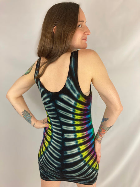 Women's Dark Rainbow Tie-Dyed Rayon Mini Dress, M