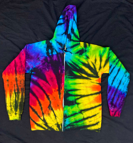 Adult Rainbow/Black Spiral Tie-Dyed Zip-Up Hoodie, XL (ORGANIC)