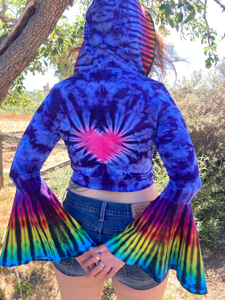 Women’s Purple/Rainbow Heart Tie-Dyed Bell Sleeve Crop Top, M/L