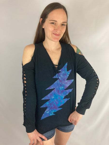 Ladies Black/Blue Bolt Long Sleeve Snipped Tee, M/L