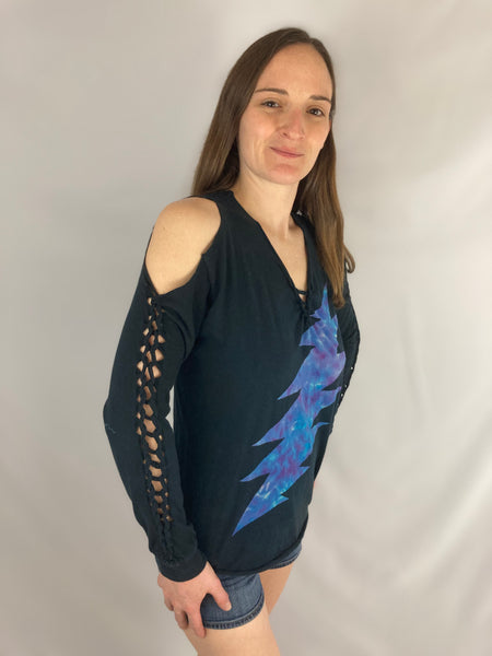 Ladies Black/Blue Bolt Long Sleeve Snipped Tee, M/L