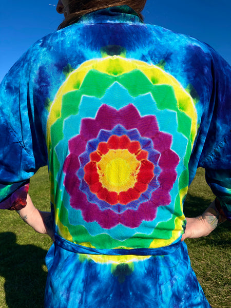 Adult Blue/Rainbow Mandala Tie-Dyed Rayon Short Robe, O/S (Slight Stitching Defect)