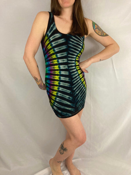 Women's Dark Rainbow Tie-Dyed Rayon Mini Dress, M