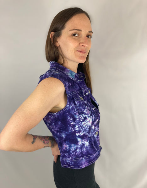 Women’s Purple Tie-dye Jean Vest w/ Chrochet, M