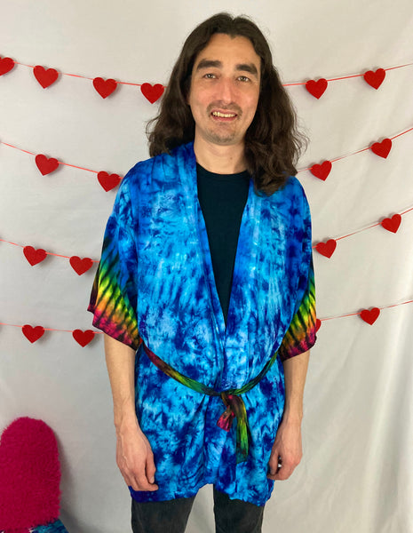 Adult Blue/Heart Tie-Dyed Rayon Short Robe, O/S