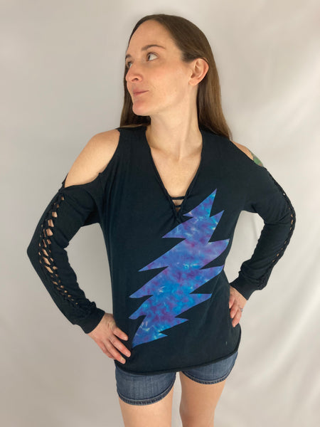 Ladies Black/Blue Bolt Long Sleeve Snipped Tee, M/L