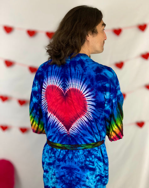 Adult Blue/Heart Tie-Dyed Rayon Short Robe, O/S