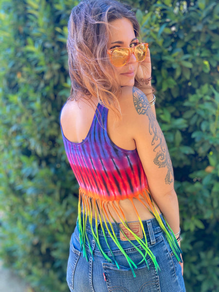 Women’s Rainbow Tie-Dyed Fringe Crop Tank, M/L